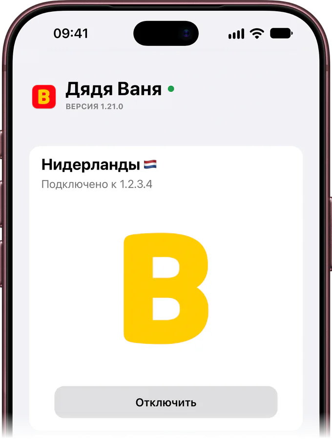 Экран приложения на iPhone: VPN подключён, локация Нидерланды