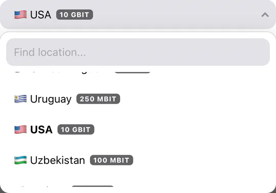 Change Location window: the country list is open on the USA